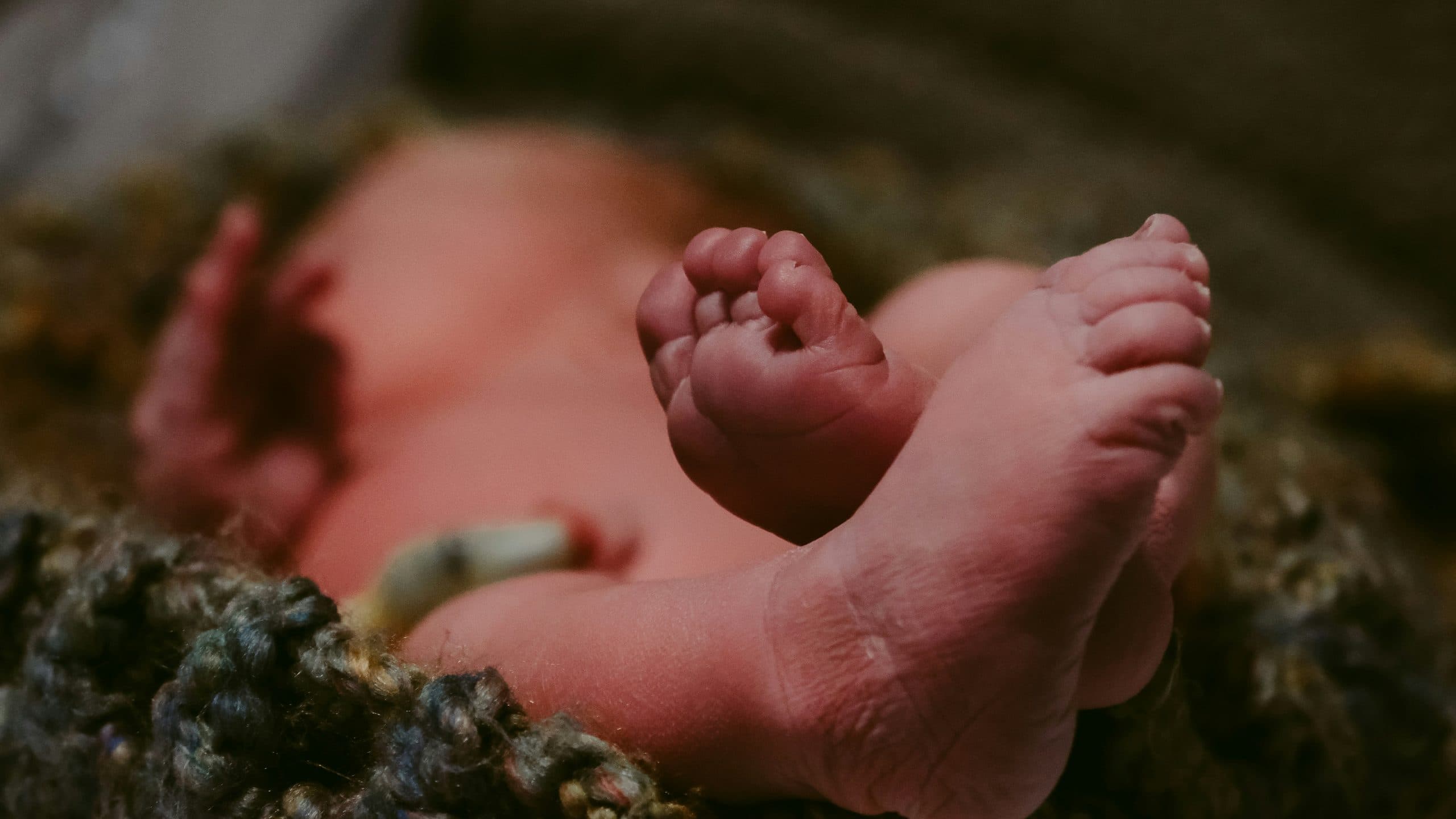 A newborn's feet, cord stump still clamped, on a knitted blanket