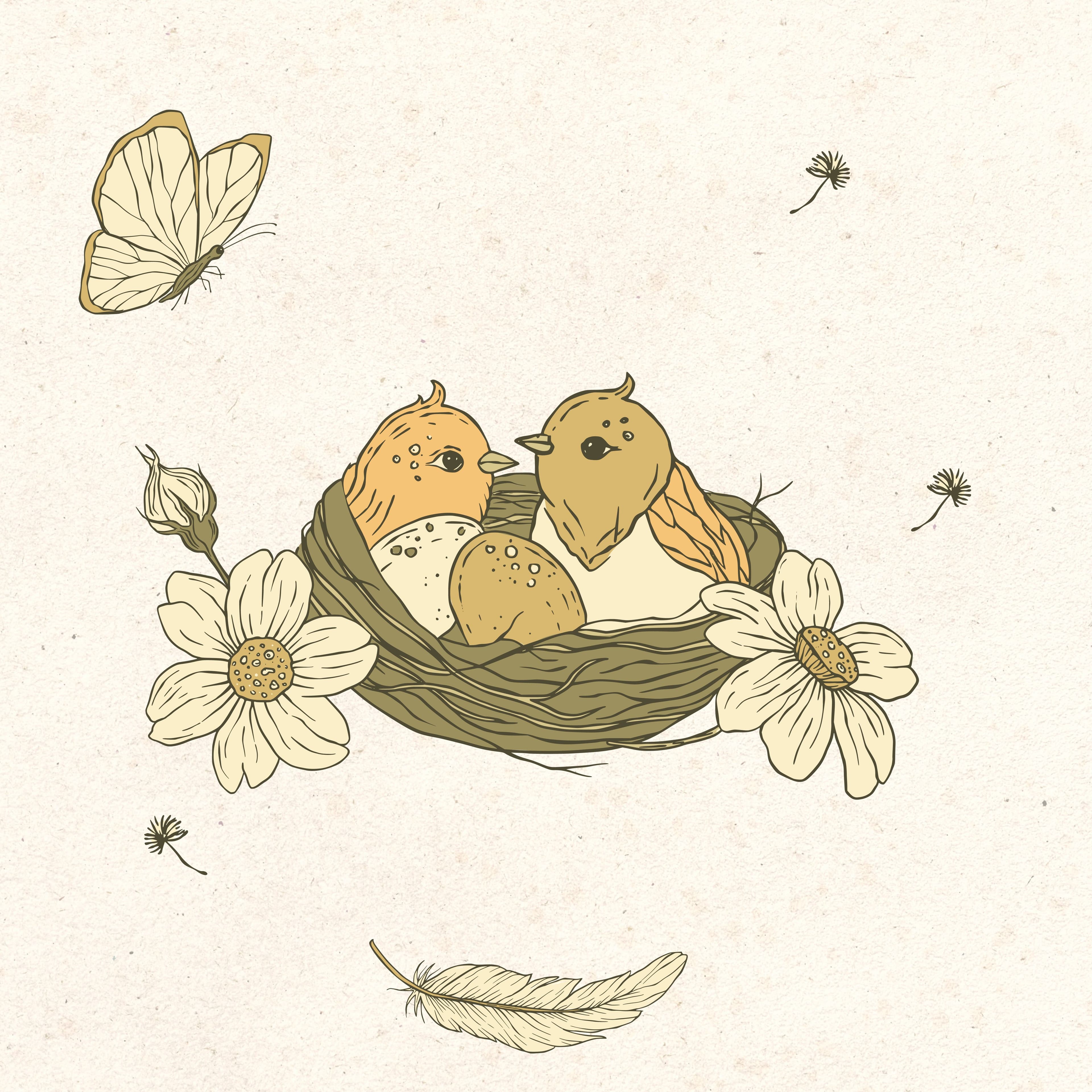 An illustration of two birds in a nest with eggs, surrounded by flowers and a butterfly